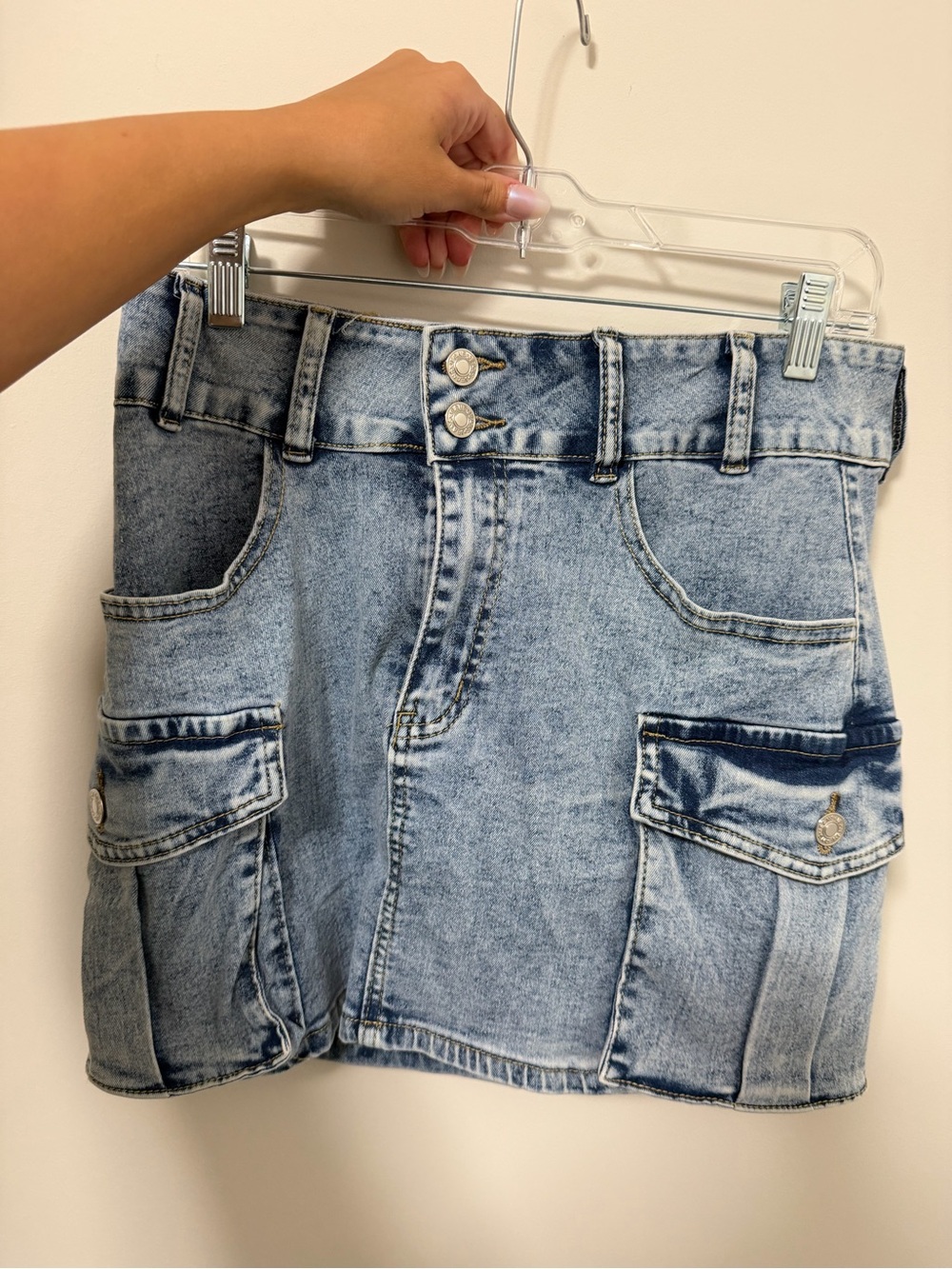 Light Wash Denim Cargo Mini Skirt